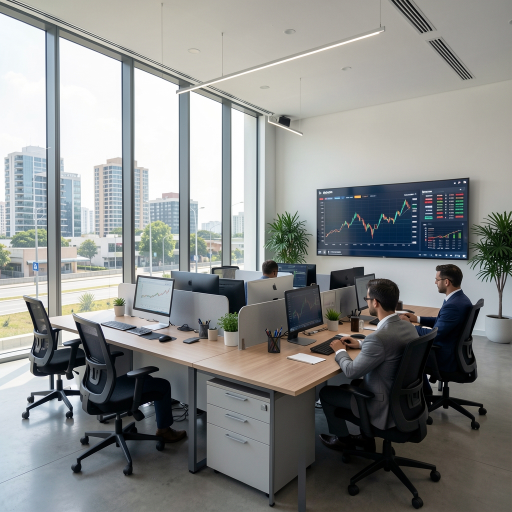 Oficinas modernas de Dorquix en Av. Rivadavia Buenos Aires con grandes ventanas, escritorios de analistas y pantallas mostrando datos económicos