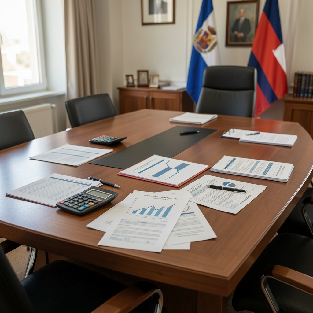 Mesa de reunión en oficina gubernamental de Buenos Aires con documentos de presupuesto nacional, calculadoras y gráficos de gasto público sobre la mesa