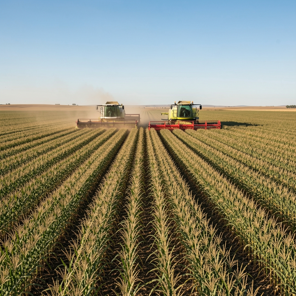 Campo de soja en la Pampa argentina durante la cosecha con maquinaria agrícola moderna avanzando entre hileras de cultivo bajo cielo despejado