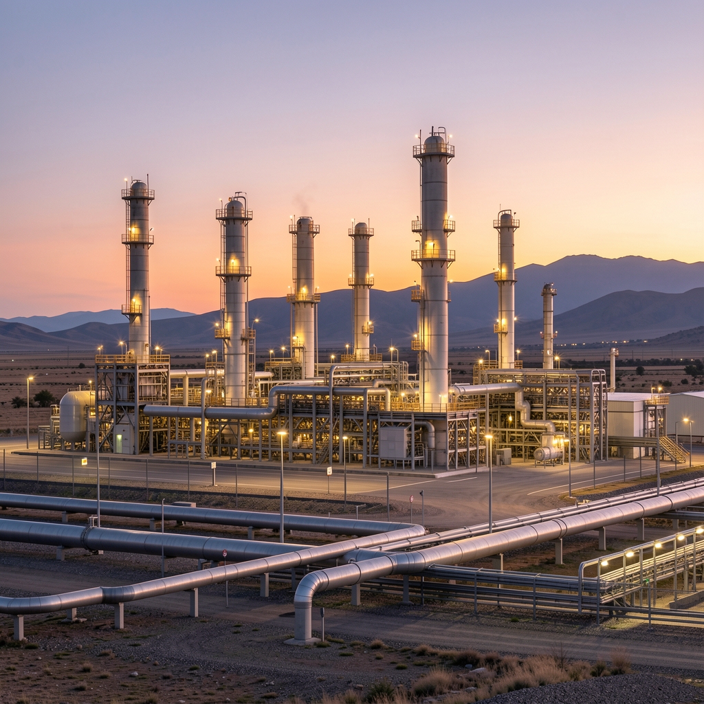 Planta de procesamiento de gas natural en la cuenca neuquina con torres industriales iluminadas al atardecer y gasoductos visibles en primer plano
