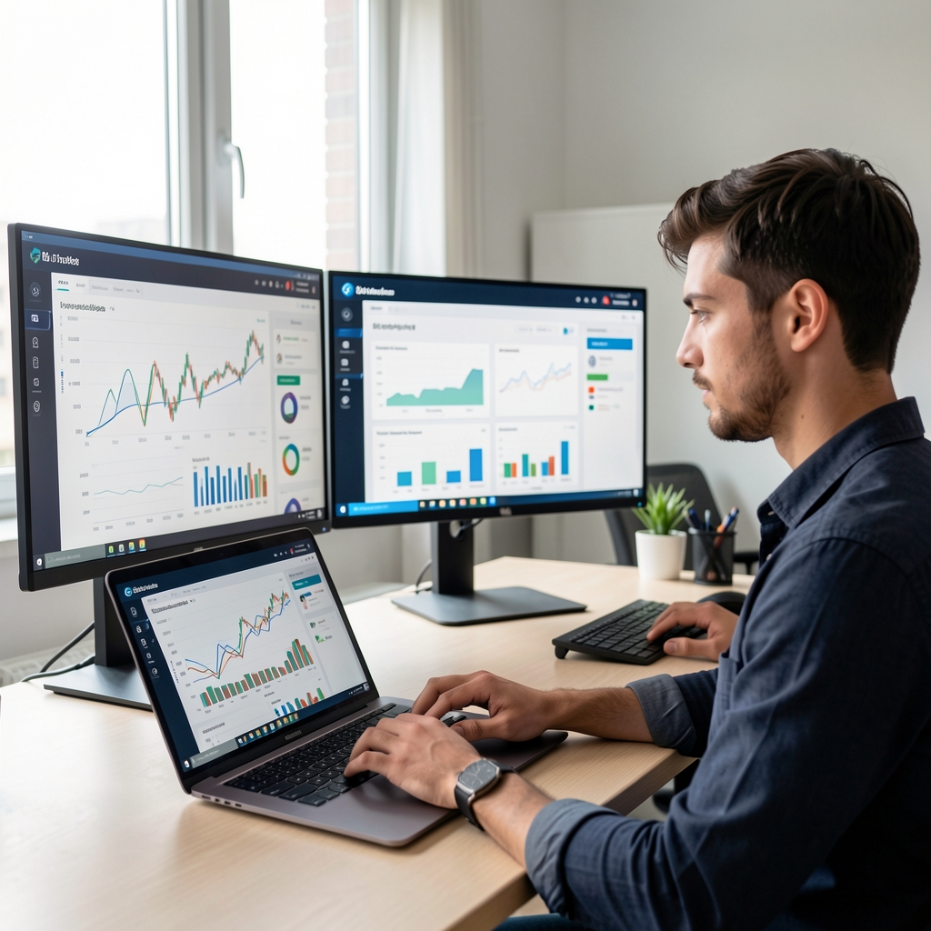 Profesional joven trabajando en startup de tecnología financiera en Buenos Aires con laptop y dos monitores mostrando interfaces de análisis de datos y dashboard de usuario