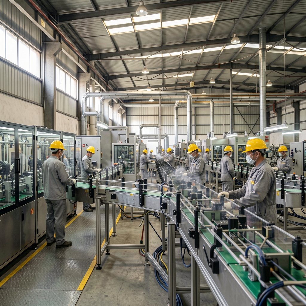 Interior de fábrica manufacturera argentina con línea de producción automatizada, operarios con cascos amarillos y maquinaria industrial en funcionamiento