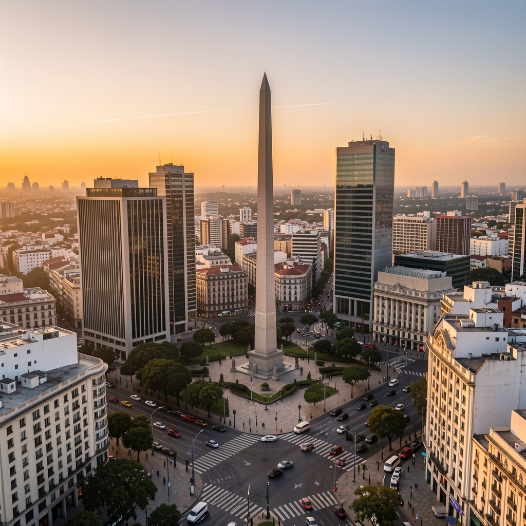 Vista aérea del centro financiero de Buenos Aires con el obelisco visible y edificios corporativos en el entorno de la avenida 9 de Julio al atardecer