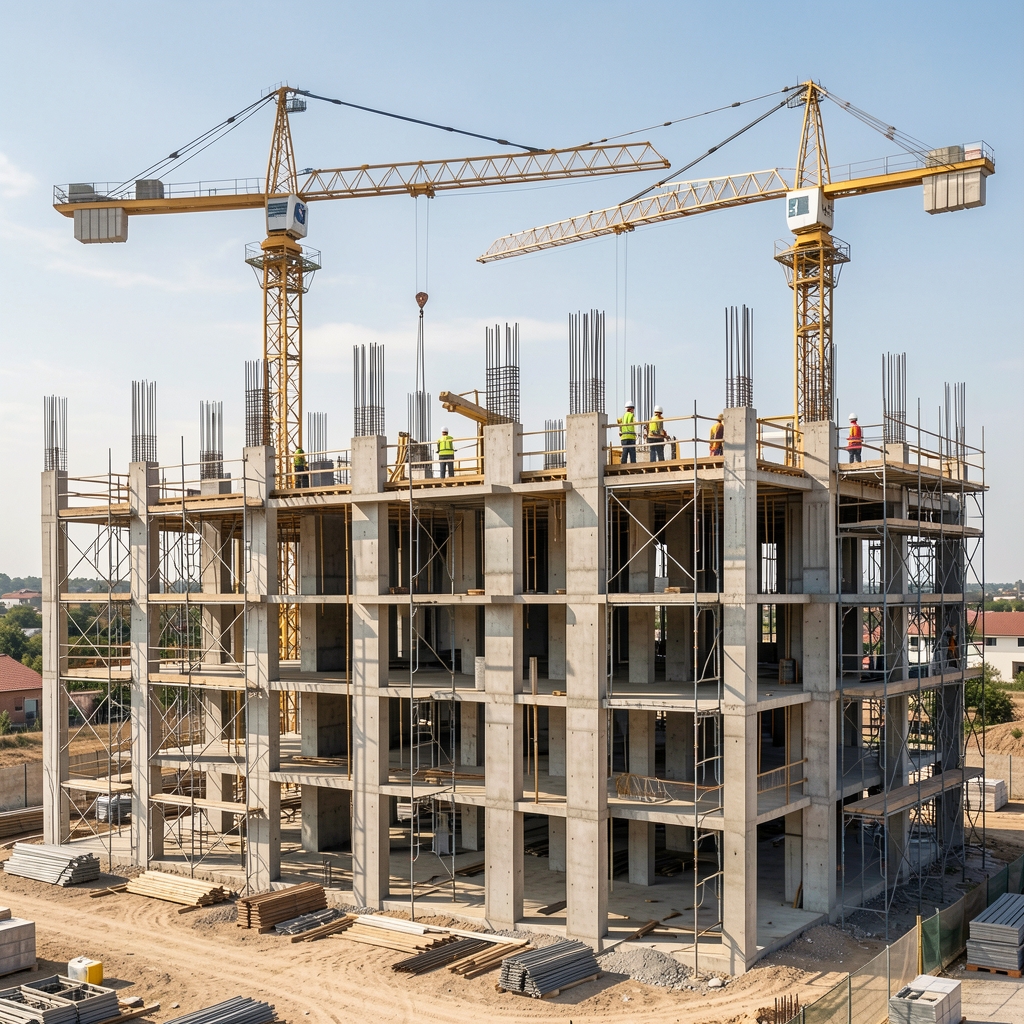 Obra de construcción de edificio residencial en Buenos Aires con grúas activas, estructuras de hormigón y trabajadores con cascos en andamios metálicos