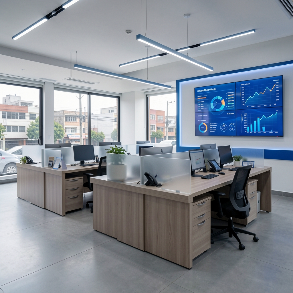 Interior moderno de sucursal bancaria argentina con escritorios de atención al cliente, iluminación corporativa azul y gráficos financieros en pantallas digitales