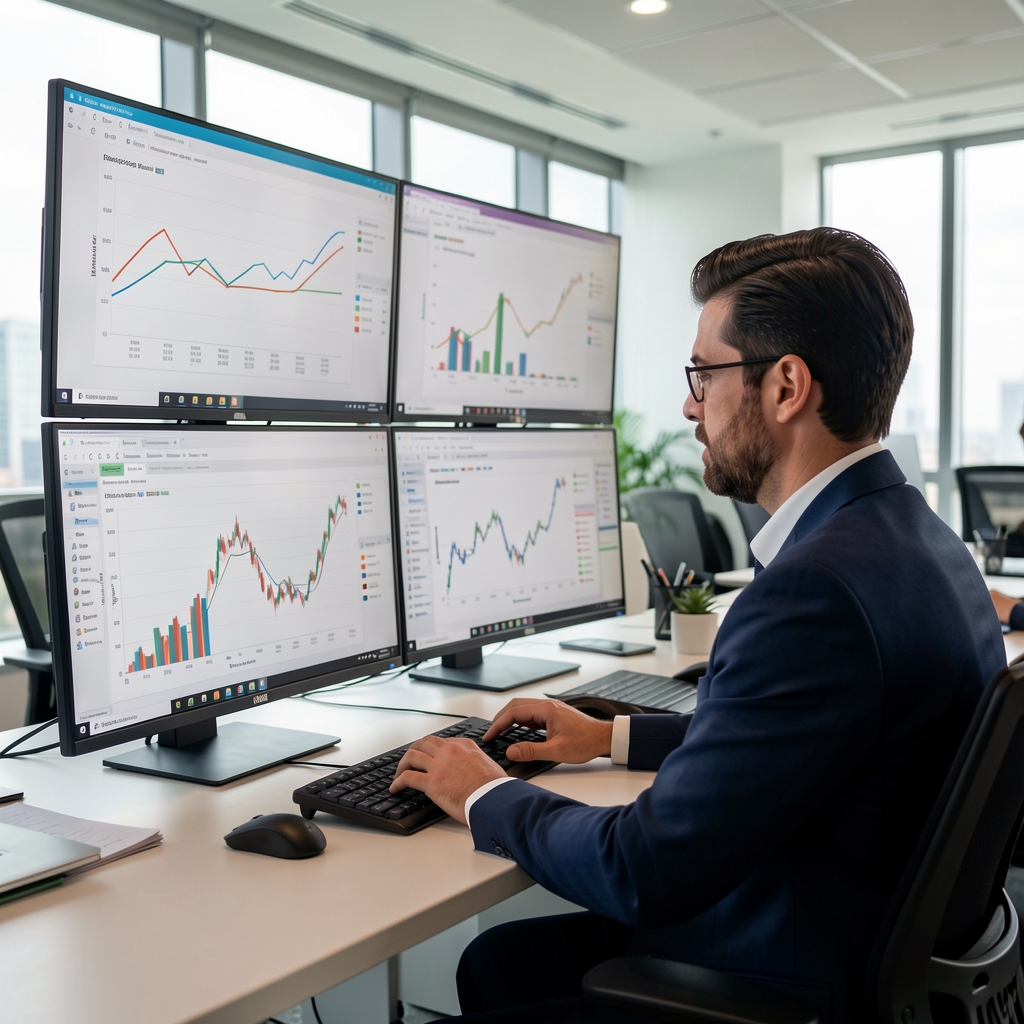 Analista revisando gráficos de inversión y datos macroeconómicos en múltiples pantallas en oficina de análisis económico de Buenos Aires