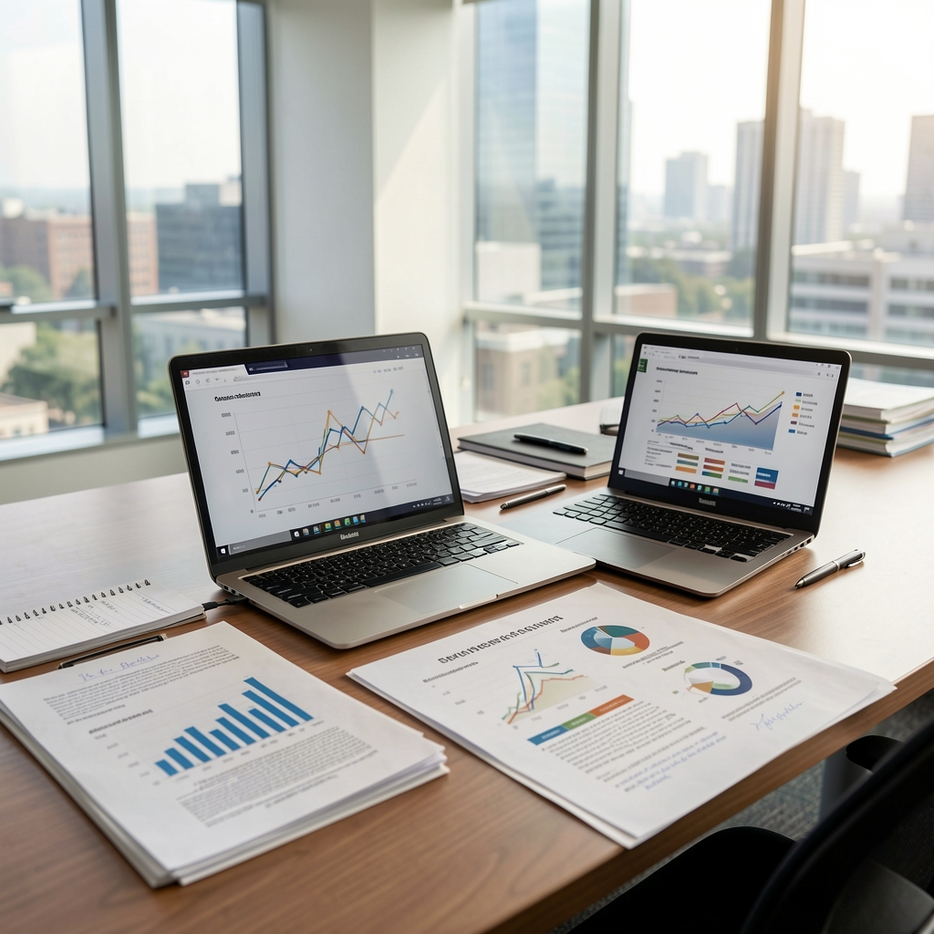 Mesa de trabajo con documentos de análisis económico, gráficos de inversión por sectores, notas manuscritas y computadora portátil en oficina corporativa de Buenos Aires