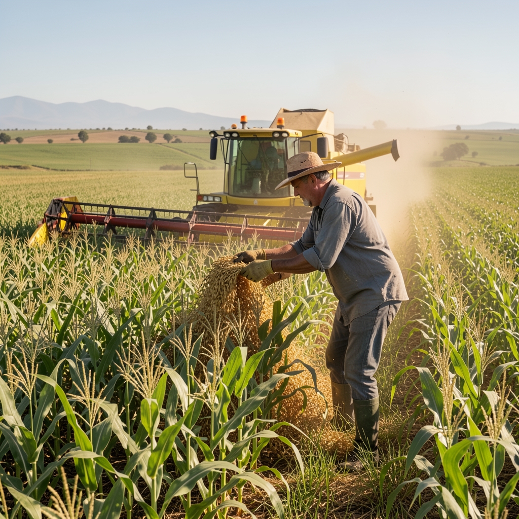 Cosechadora de granos trabajando en campo de soja en la pampa húmeda argentina durante la cosecha gruesa