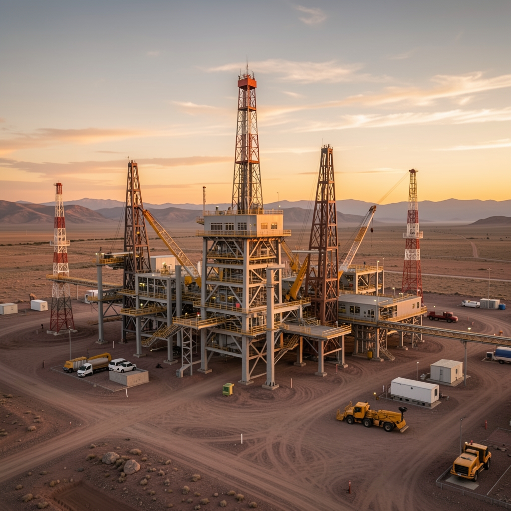 Instalaciones de plataformas de extracción de petróleo en Vaca Muerta, Neuquén, Argentina, con cielo despejado al atardecer