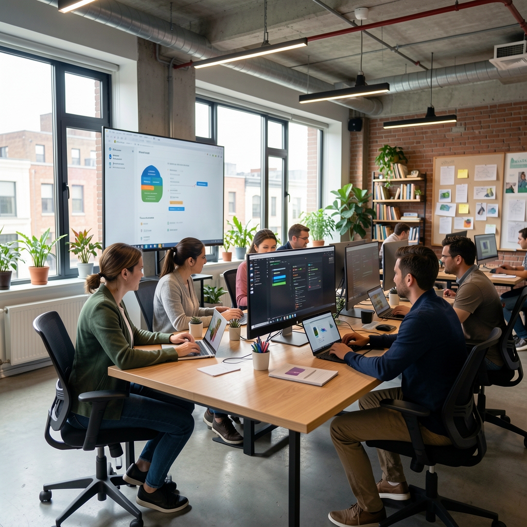 Hub de tecnología en Buenos Aires con trabajadores de startups colaborando en espacio de coworking moderno con pantallas grandes y ambiente creativo innovador