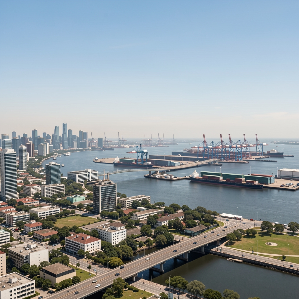 Vista panorámica de Buenos Aires con el skyline de la ciudad, el puerto Madero y actividad industrial en el horizonte representando los sectores económicos monitoreados