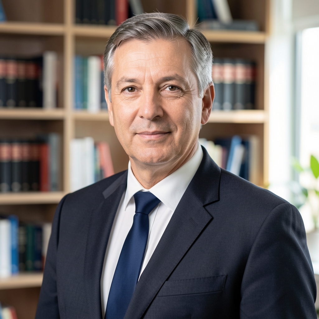 Retrato profesional de economista senior en traje oscuro con fondo de oficina y estanterías con libros de economía