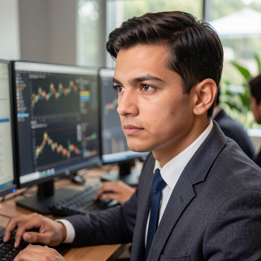 Retrato profesional de economista masculino joven con expresión concentrada trabajando frente a múltiples monitores en entorno de análisis de datos