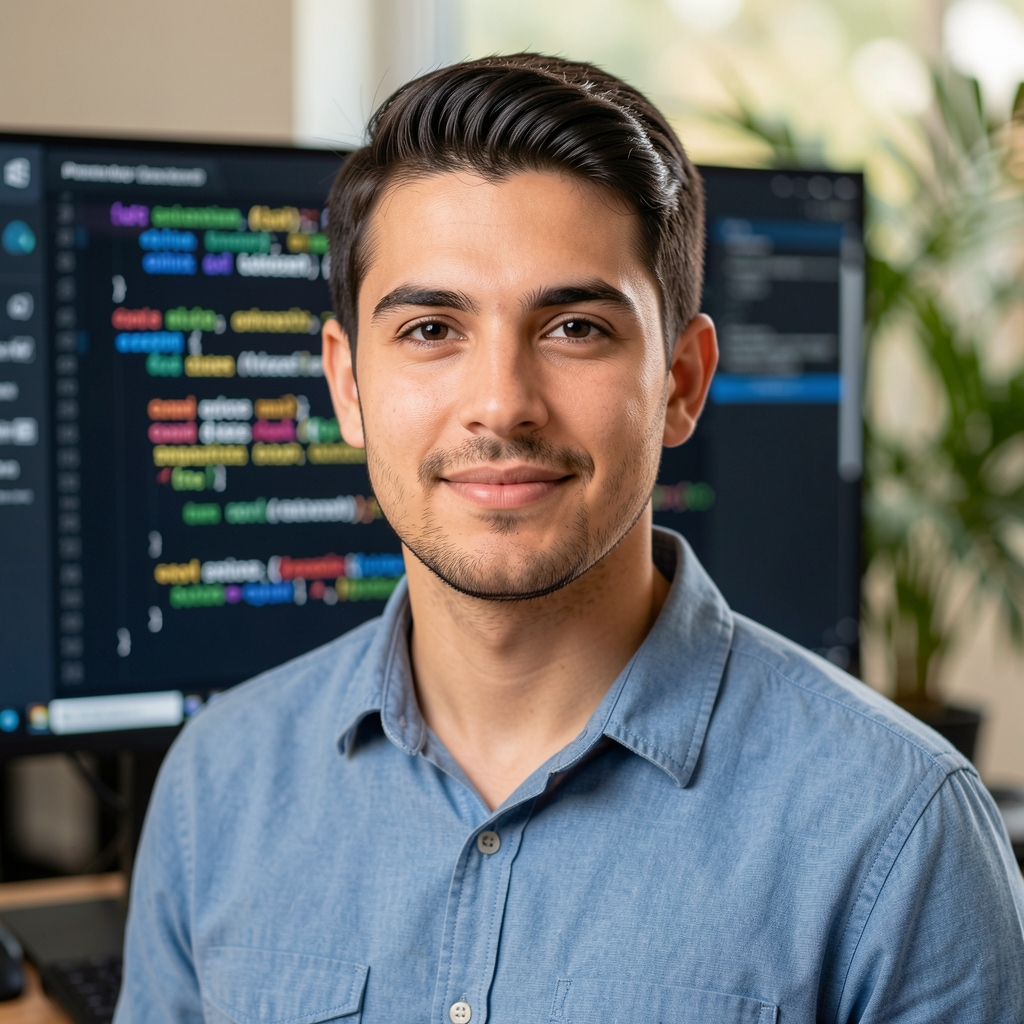 Retrato profesional de analista de tecnología y economía digital argentino joven de unos veintiocho años, camisa informal, fondo con código de programación en pantalla